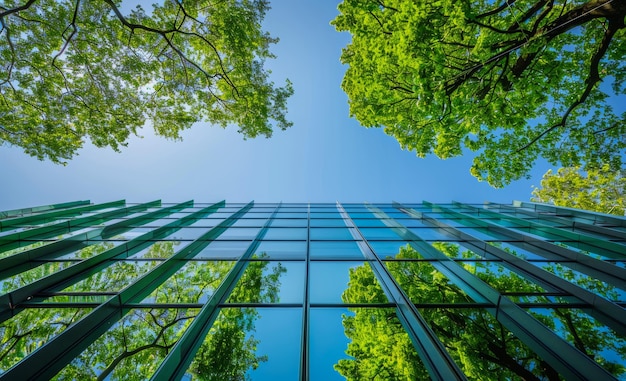Zdjęcie nowoczesny budynek ze szklaną fasadą i drzewami na tle nieba
