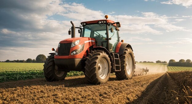 Nowoczesny ciągnik pracujący na farmie nowoczesny transport rolniczy obróbka ziemi na wiosnę przygotowanie do siewu na polu ciągnik sterowany przez sztuczną inteligencję nowe technologie w rolnictwie