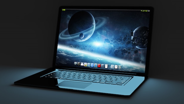 Nowoczesny czarny laptop na czarnym tle renderowania 3D