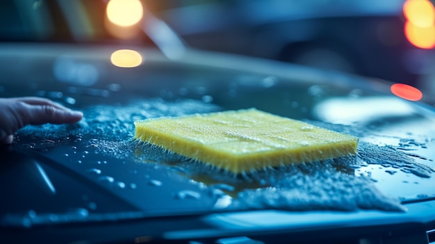 Zdjęcie nowoczesny czarny samochód zostaje oczyszczony przez człowieka wewnątrz myjni samochodowej.