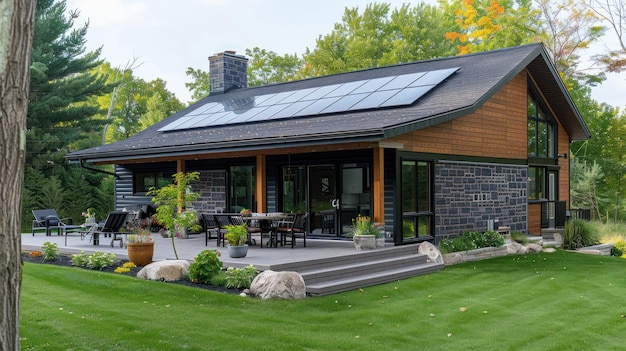 Nowoczesny dom mieszkalny z panelem słonecznym zainstalowanym na dachu wykorzystuje zrównoważony