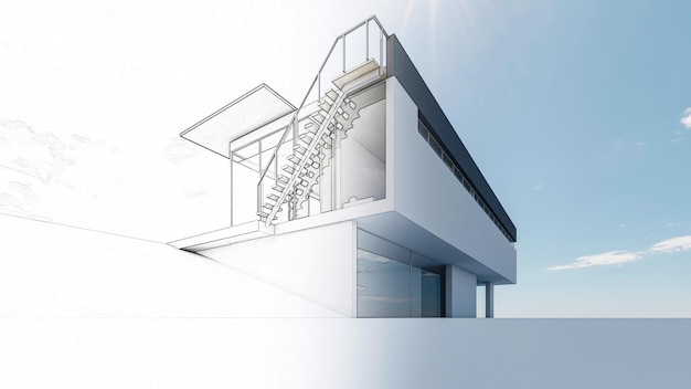 Nowoczesny dom od projektu do realizacji. Ilustracja 3D.