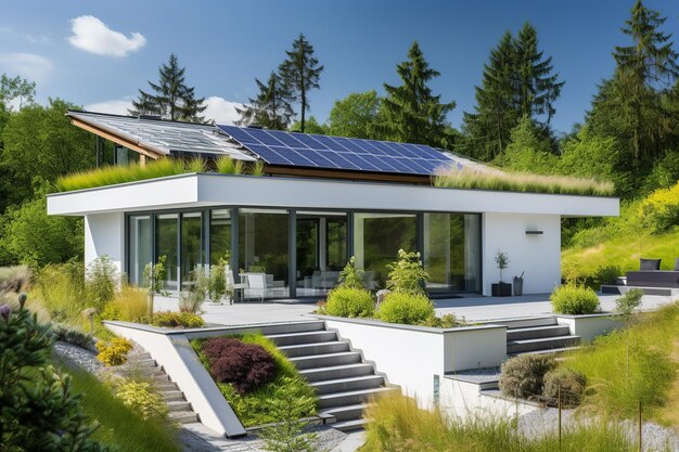 Zdjęcie nowoczesny dom przyjazny dla środowiska z panelami słonecznymi w krajobrazie naturalnym