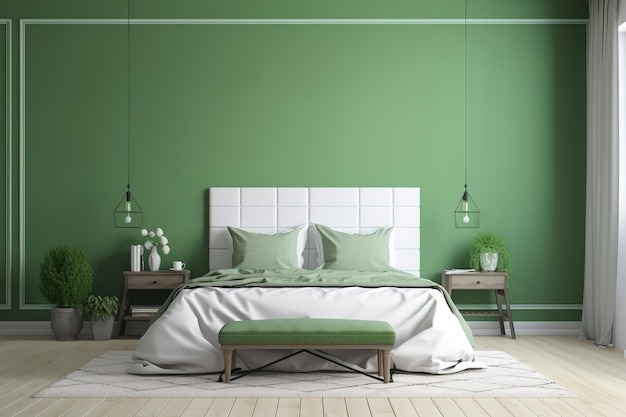 Nowoczesny dom w tle z przytulną zieloną sypialnią z białymi meblami i stołami z naturalnego drewna Stylowe wnętrze sypialni makieta wnętrza sypialni Generative AI