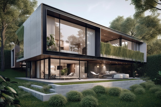 Nowoczesny dom z minimalistycznymi liniami bujny ogród i basen nieskończony generatywny IA