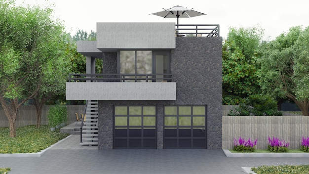 Nowoczesny dom z ogrodem i garażem. renderowania 3D.