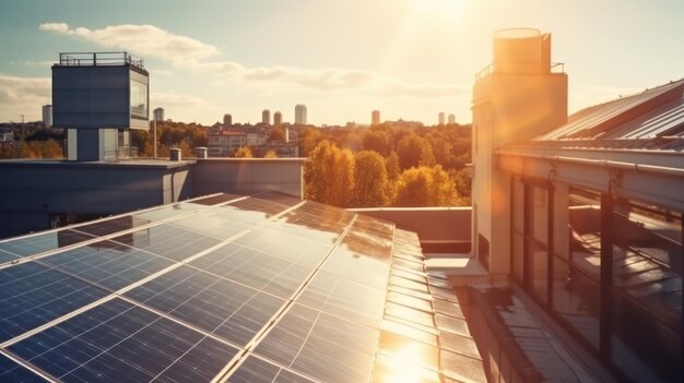 Nowoczesny dom z panelami słonecznymi na dachu z zachodem słońca na tle Generative AI