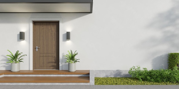 Zdjęcie nowoczesny dom z patio i wejściem, drewniana podłoga na tarasie renderowania 3d