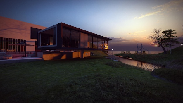 nowoczesny dom z pięknym renderowaniem 3d podwórka
