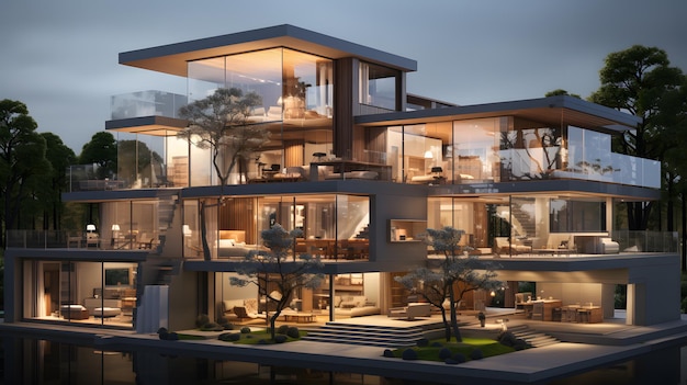 nowoczesny dom z szklanym balkonem i balkonem generatywny AI