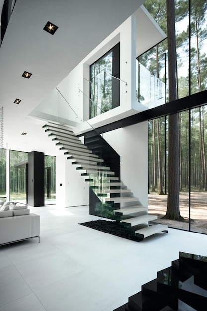 Nowoczesny dom ze szklaną klatką schodową i szklaną ścianą.
