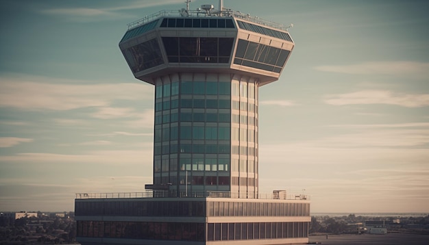 Zdjęcie nowoczesny drapacz chmur odzwierciedla futurystyczną wieżę kontroli ruchu lotniczego w krajobrazie miejskim generowanym przez sztuczną inteligencję