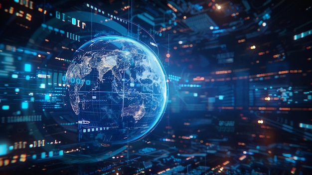 Nowoczesny ekran danych z 3D Earth Asia w ostrości otoczony błękitnymi wskazówkami światła i motywami technologicznymi