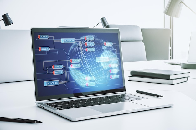 Nowoczesny ekran komputera z abstrakcyjnym szkicem kreatywnego kodowania i koncepcją sztucznej inteligencji i sieci neuronowych mapy świata Renderowanie 3D