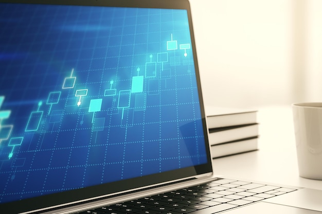 Nowoczesny ekran komputerowy z abstrakcyjnymi, kreatywnymi badaniami wykresów finansowych i koncepcją analiz Renderowanie 3D
