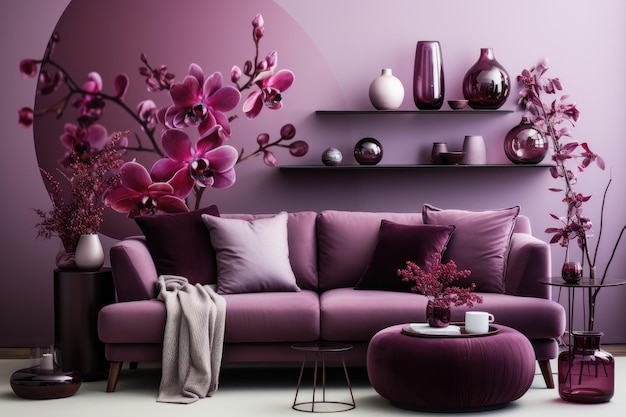Nowoczesny fioletowy salon z sofą i meblami w kwiaty
