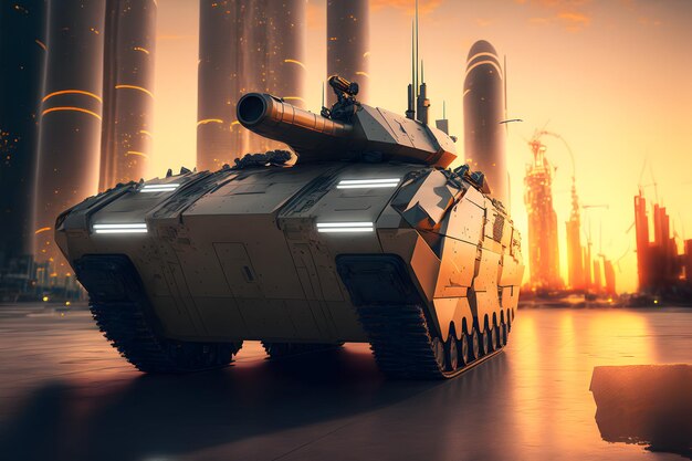 Nowoczesny futurystyczny czołg bojowy z wieżą i armatą w centrum miasta wygenerował sztukę sieci neuronowej