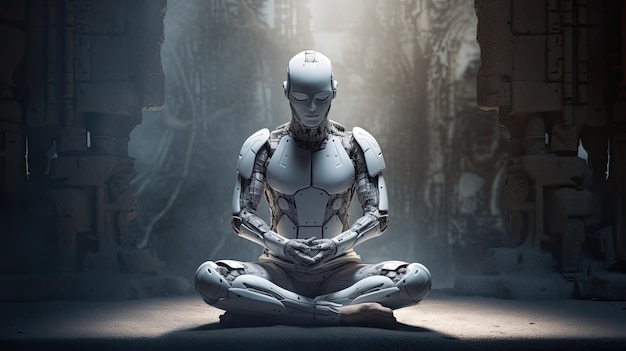 Nowoczesny futurystyczny ludzki robot medytuje siedzenie i myślenie w tle
