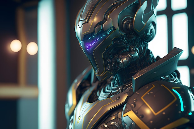 Nowoczesny futurystyczny mężczyzna humanoidalny robot z metalową siecią neuronową generowaną sztuką