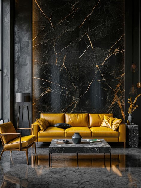 Nowoczesny Glam Living Room Żółta skórzana kanapa Kamienny stół kawowy w luksusowym ciemnym wnętrzu