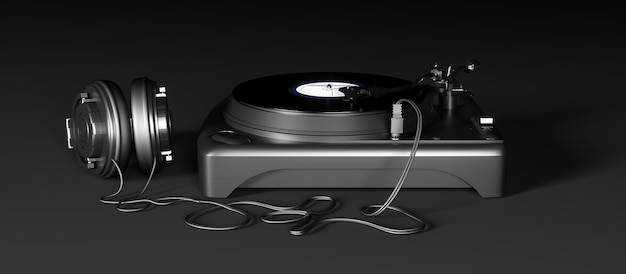 Zdjęcie nowoczesny gramofon na czarnym tle z bliska, 3d ilustracji