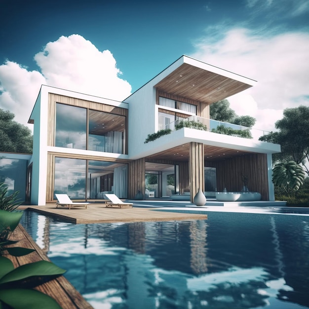 nowoczesny i elegancki tropikalny dom z basenem luksusowa willa generative ai