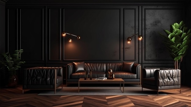 Nowoczesny i minimalistyczny ciemny dom wnętrze tło architektura przemysłowa salon ściana mock up 3d render Generative Ai