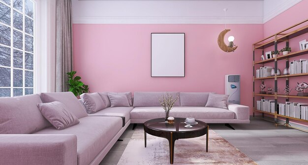 Nowoczesny i minimalistyczny wystrój wnętrz salonu z różowym tłem Ramka na zdjęcia Makieta Sofa Stół