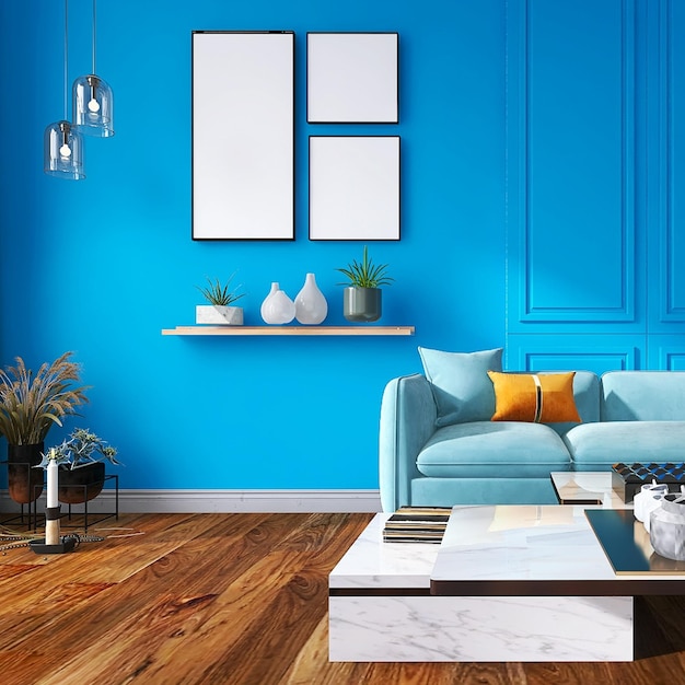 Nowoczesny i minimalistyczny wystrój wnętrza salonu z trzema makietami ramek na zdjęcia, niebieskim tle