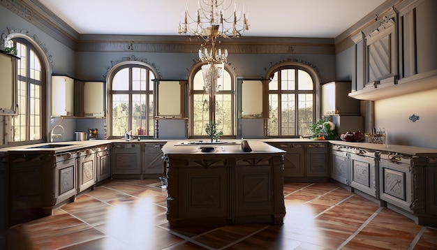 Zdjęcie nowoczesny jest oszałamiający drewniany wnętrze kuchni 3d render generatywny ai