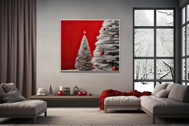 Nowoczesny kąt mieszkalny z świąteczną dekoracją i widokiem na pokryty śniegiem las z okna