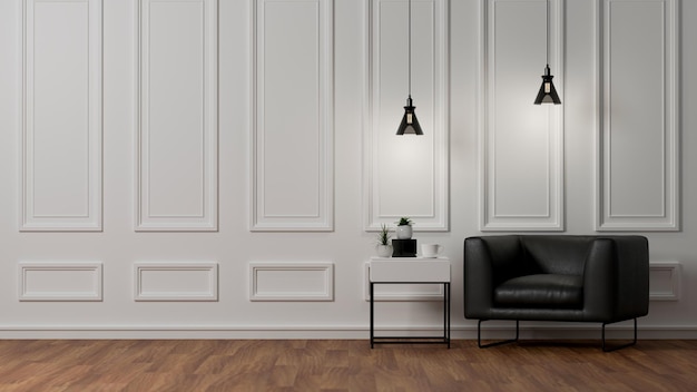 Nowoczesny, klasyczny, elegancki salon z czarnym skórzanym krzesłem nad białymi panelami ściennymi renderowania 3d