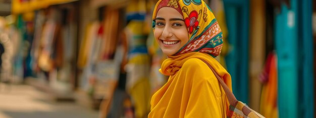 nowoczesny kolorowy stylowy strój sesja zdjęciowa muzułmańskiej kobiety w hidżabie w dynamicznym ujęciu szczęśliwa i pozytywna