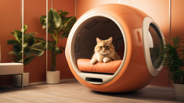 Nowoczesny komfort dla zwierząt domowych Słodki kot relaksuje się w stylowym kabinie dla zwierząt domowych, idealnie łącząc się z współczesnym wnętrzem nowoczesnego pokoju domowego
