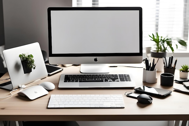 Nowoczesny komputer osobisty z pustym białym ekranem, klawiaturą, telefonem komórkowym i akcesoriami biurowymi