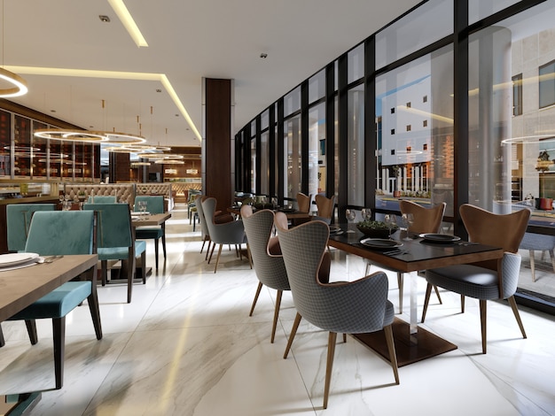 Nowoczesny koncepcyjny wystrój wnętrza restauracji utrzymany jest w nowoczesnym stylu z klasycznymi elementami. renderowania 3D.