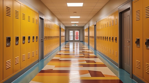 Nowoczesny korytarz amerykańskiej szkoły z szafkami