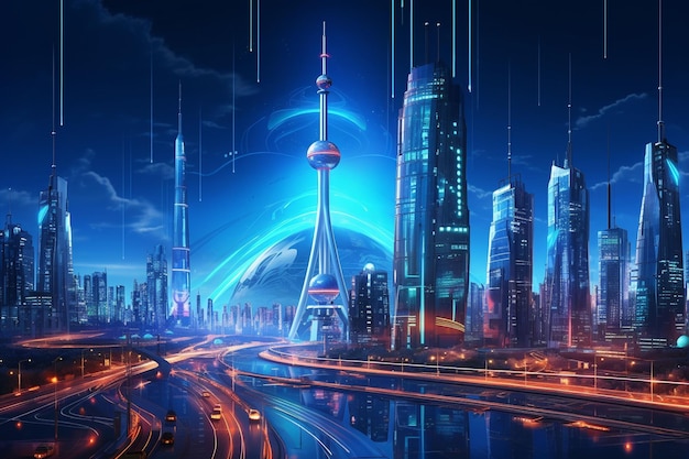 Nowoczesny krajobraz miejski z świecącymi liniami i cyfrowym interfejsem Ai Generated