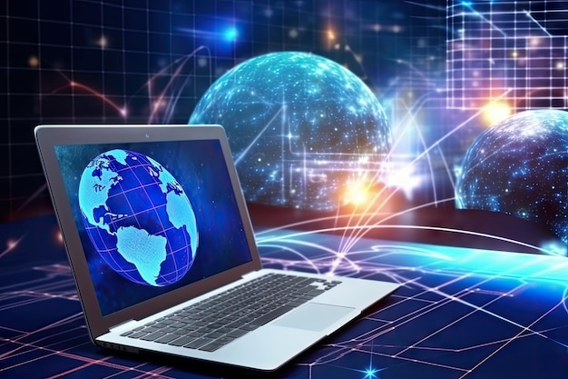 Nowoczesny laptop uwięziony w wirującym wirze danych, nanotechnologii i sztucznej inteligencji