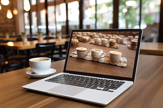 Zdjęcie nowoczesny laptop z białym pustym ekranem i brązowym tłem z twardego drewna w kawiarni