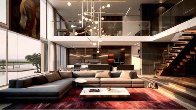Zdjęcie nowoczesny loftowy salon w luksusowej rezydencji z wahadłowym żyrandolem i prostymi schodami generative ai aig27