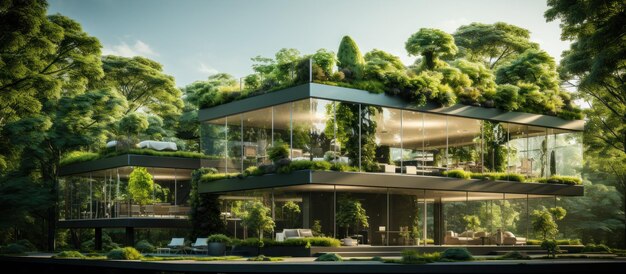 Nowoczesny luksusowy dom z ogrodem i zielonymi roślinami Panoramiczny widok