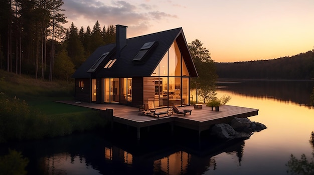 Nowoczesny luksusowy domek nad jeziorem o zachodzie słońca
