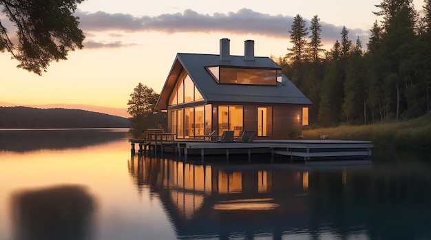Nowoczesny luksusowy domek nad jeziorem o zachodzie słońca