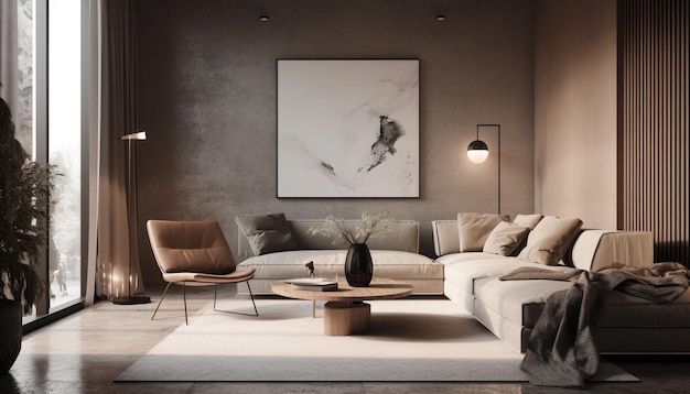 Nowoczesny luksusowy salon z eleganckim designem i wygodną sofą wygenerowany przez AI