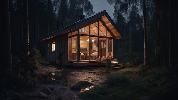 Nowoczesny malutki dom w leśnej stodole przytulny realistyczny generowany Al