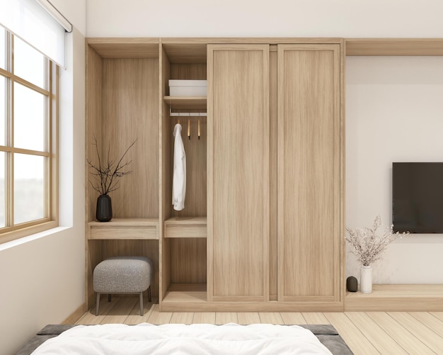 Nowoczesny mały pokój w stylu japońskim ozdobiony drewnianą przesuwaną szafą i toaletką renderowania 3d