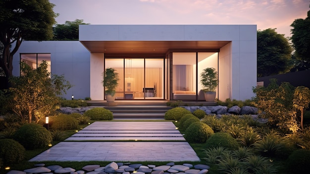 nowoczesny minimalistyczny dom z małym ogrodem na podwórku