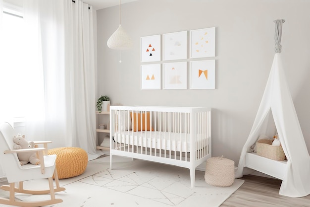 Nowoczesny minimalistyczny pokój dziecięcy w stylu skandynawskim Wnętrze pokoju dziecięcego w jasnych kolorach Obraz generowany przez AI