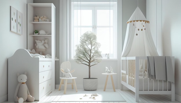 Nowoczesny, minimalistyczny pokój dziecinny w stylu skandynawskim generowany przez sztuczną inteligencję